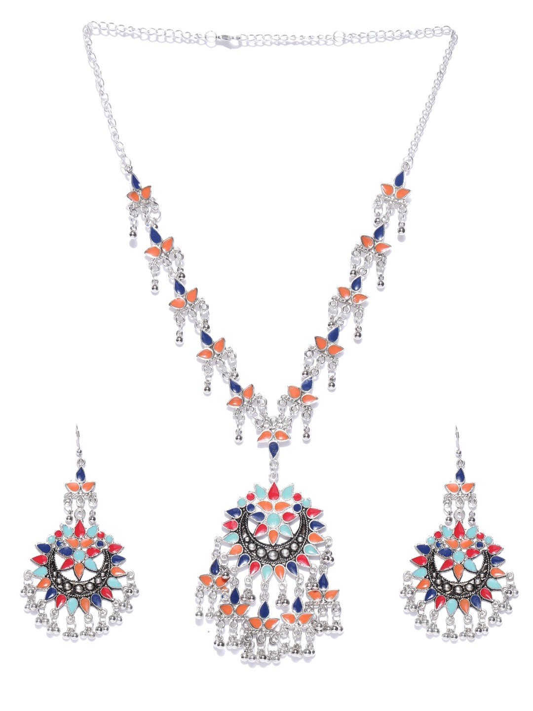 YouBella Oxidised Silver-Toned Stone-Studded Jewellery Set