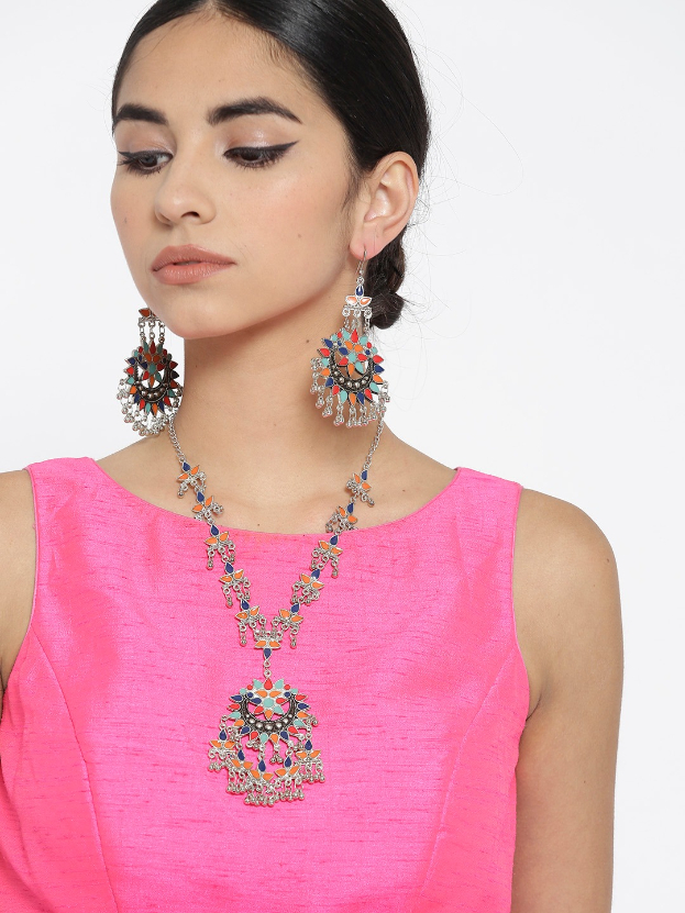 YouBella Oxidised Silver-Toned Stone-Studded Jewellery Set