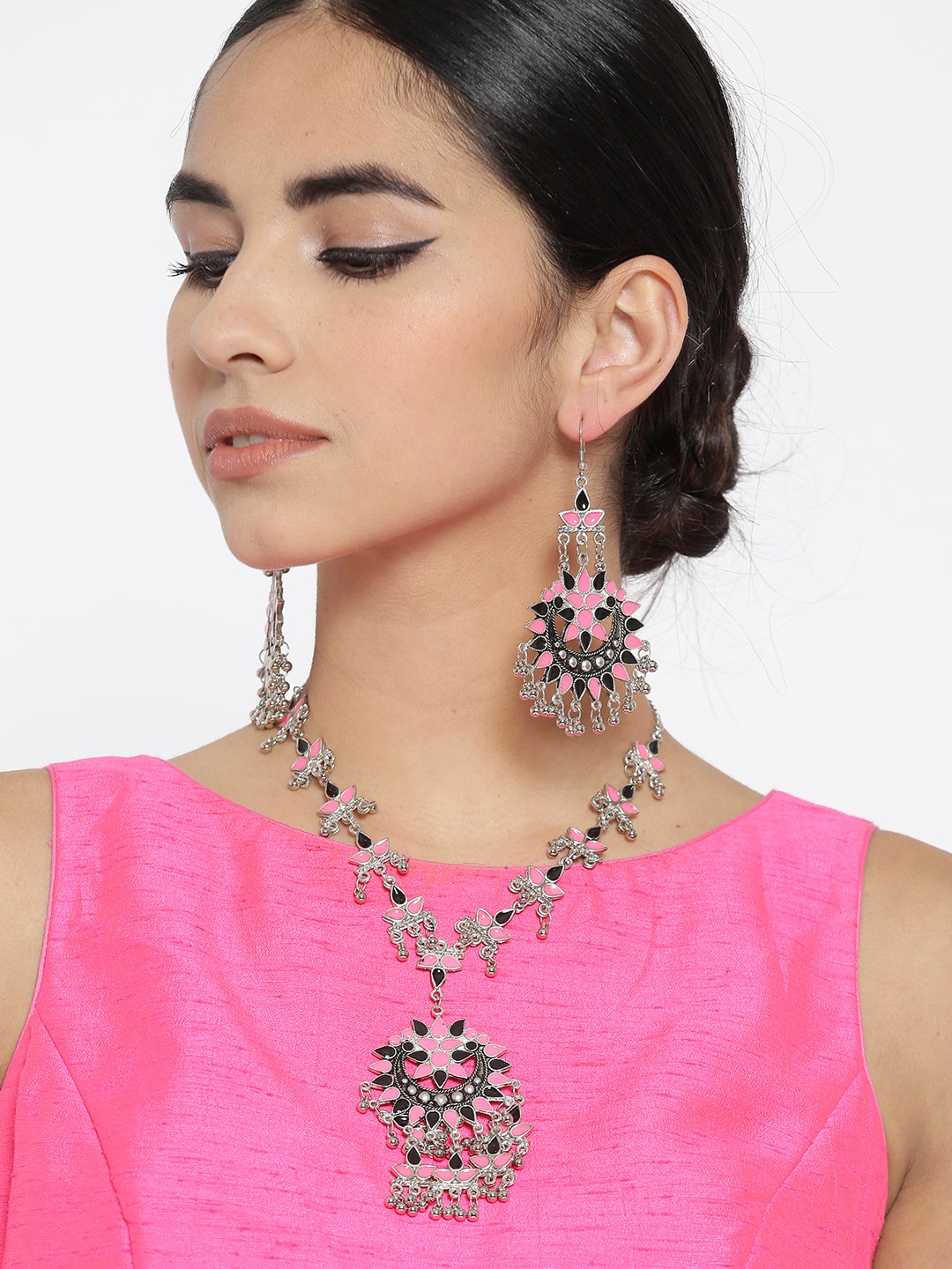 YouBella Oxidised Silver-Toned  Pink Enamelled Jewellery Set