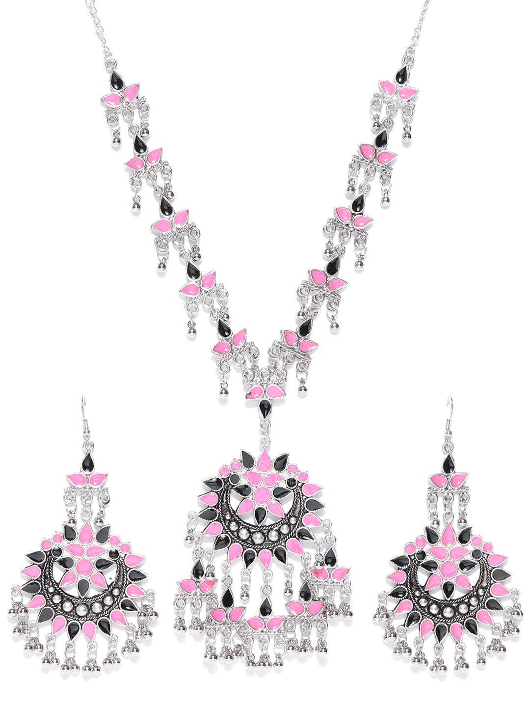 YouBella Oxidised Silver-Toned  Pink Enamelled Jewellery Set