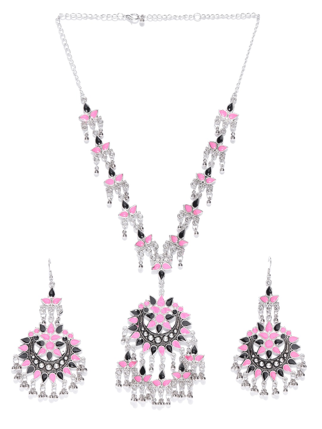 YouBella Oxidised Silver-Toned  Pink Enamelled Jewellery Set