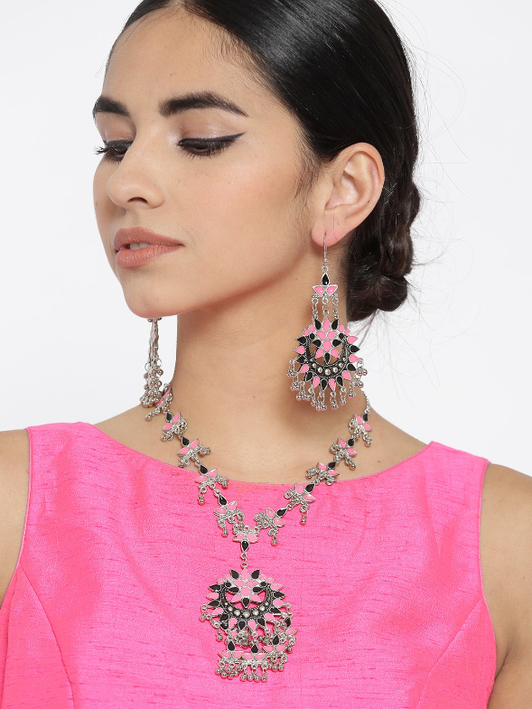 YouBella Oxidised Silver-Toned  Pink Enamelled Jewellery Set