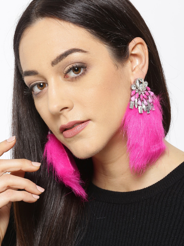 YouBella Pink  Silver-Toned Stone-Studded Contemporary Drop Earrings