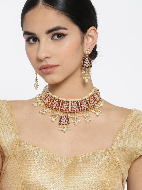 YouBella Gold-Toned  Red Stone-Studded Jewellery Set