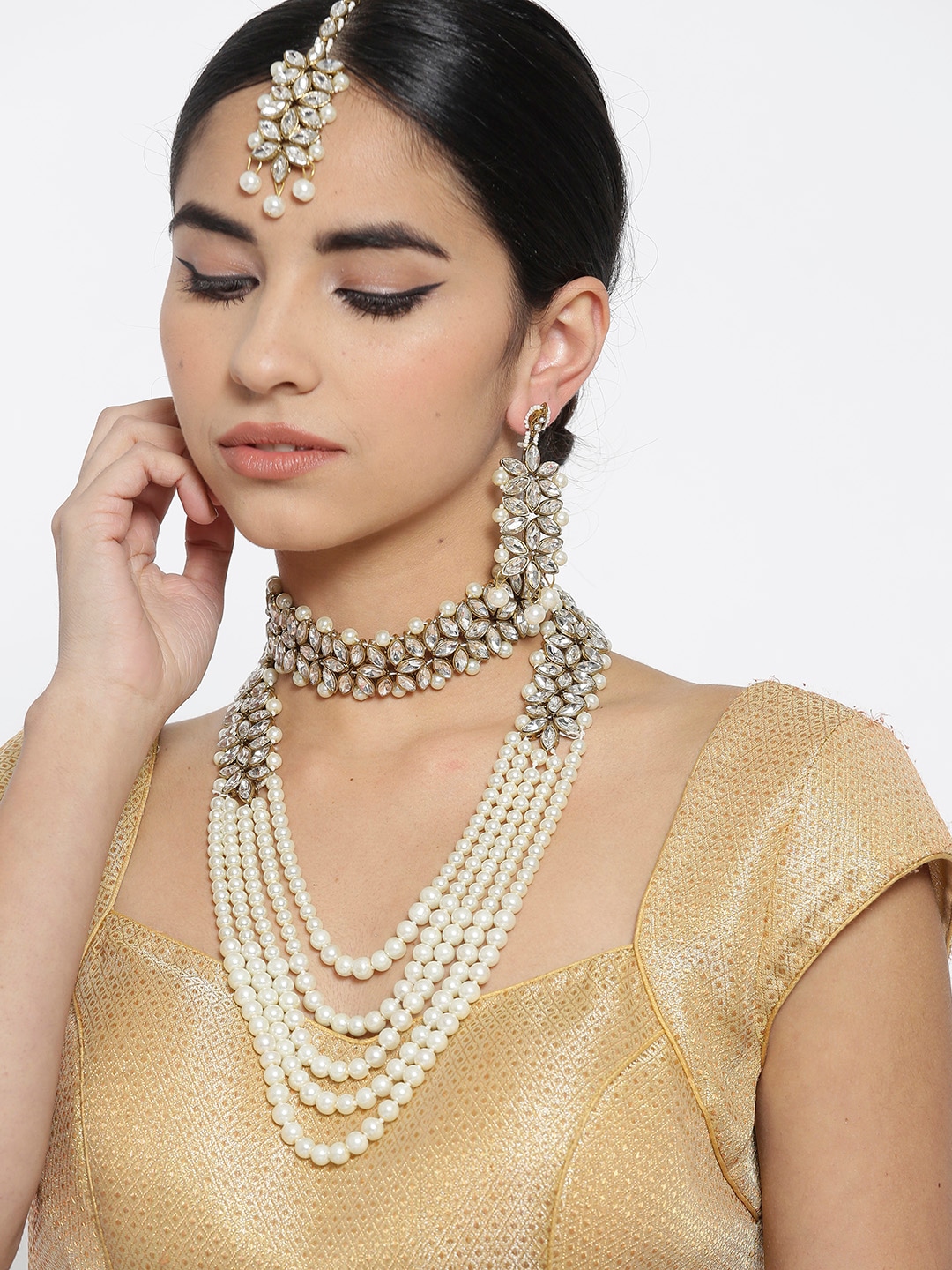 YouBella Antique Gold-Toned  Off-White Stone-Studded Layered Jewellery Set