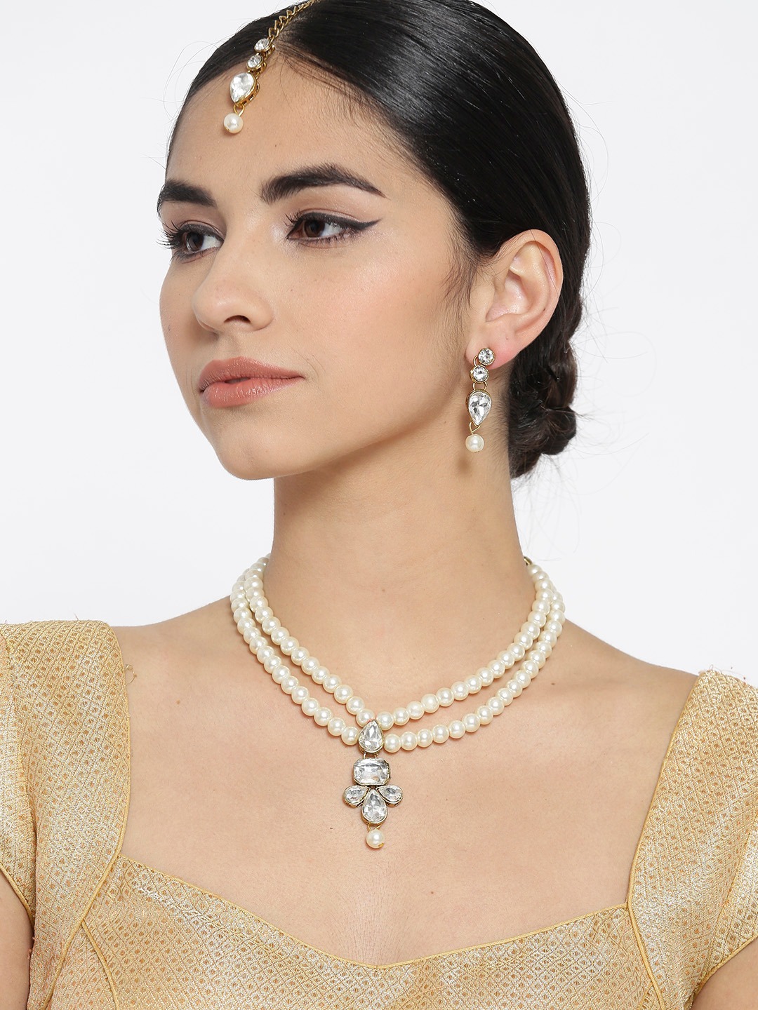 YouBella Off-White  Antique Gold-Toned Beaded Multistranded Jewellery Set