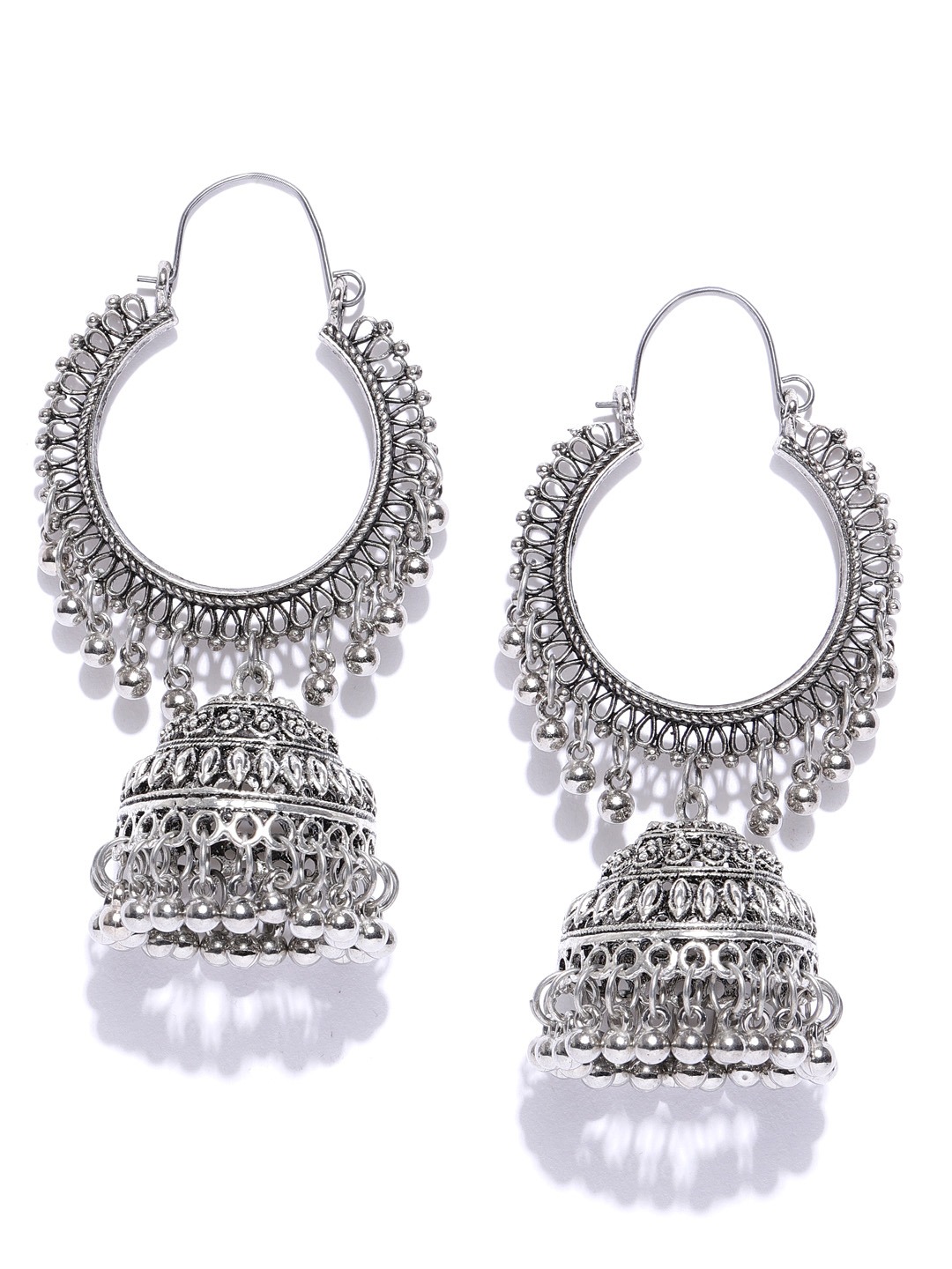 YouBella Oxidised Silver-Plated Textured Dome Shaped Jhumkas