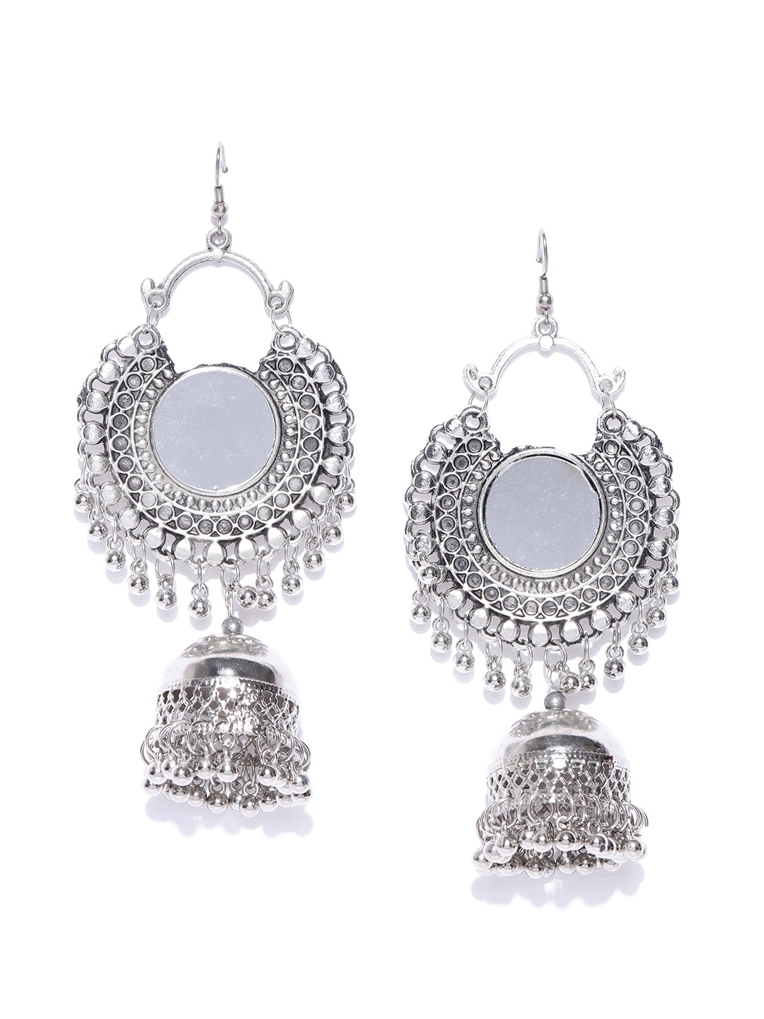 YouBella Oxidised Silver-Plated Mirror Work Dome Shaped Jhumkas