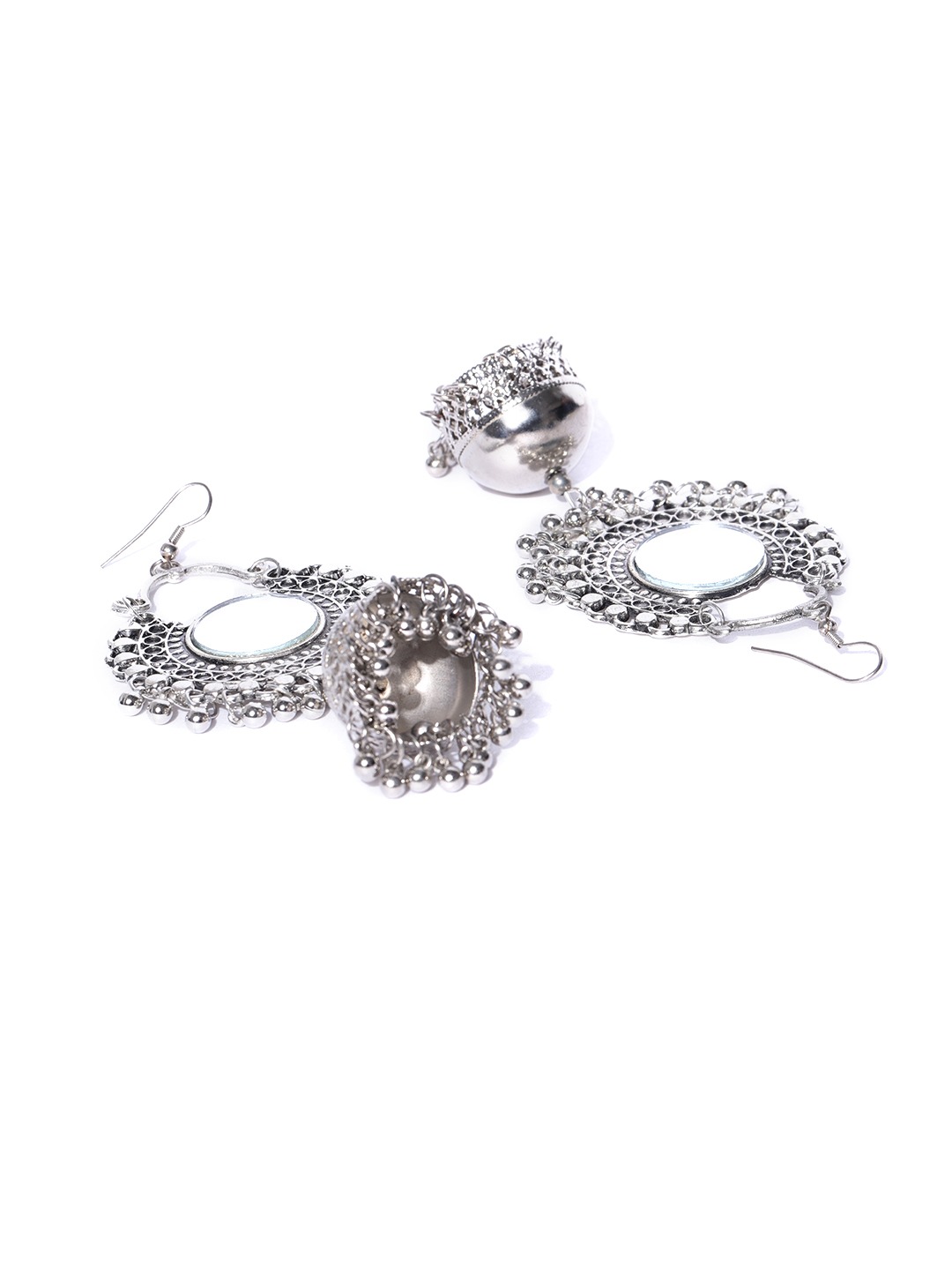 YouBella Oxidised Silver-Plated Mirror Work Dome Shaped Jhumkas
