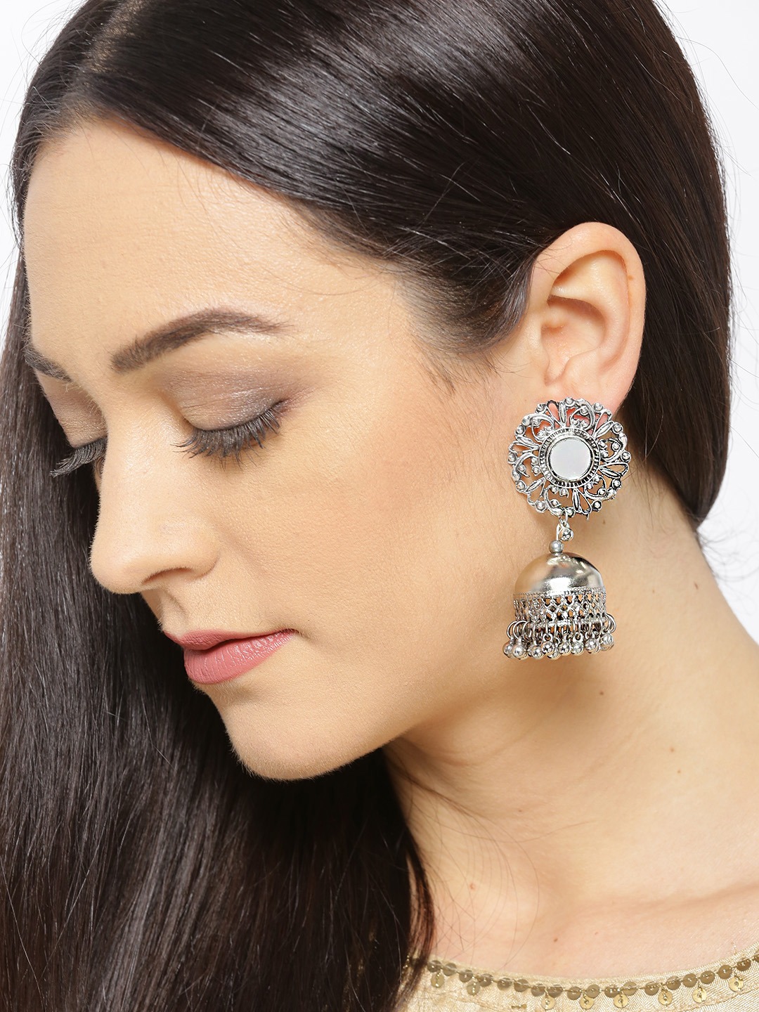 YouBella Oxidised Silver-Plated Mirror Work Dome Shaped Jhumkas