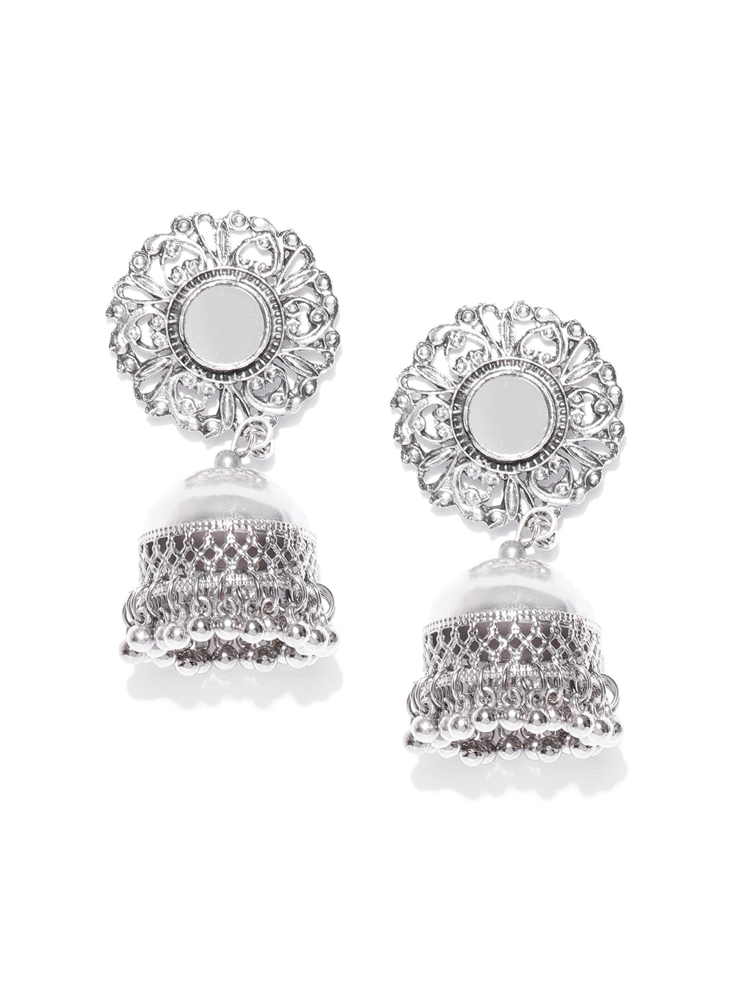 YouBella Oxidised Silver-Plated Mirror Work Dome Shaped Jhumkas