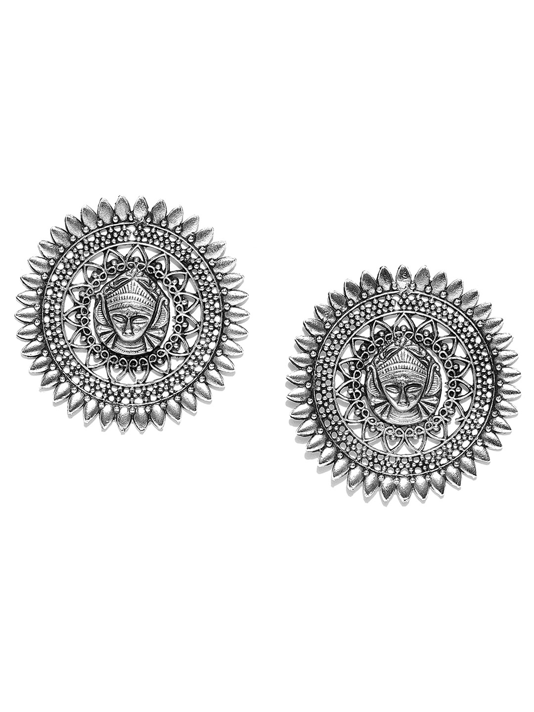YouBella Oxidised Silver-Plated Textured Circular Oversized Studs