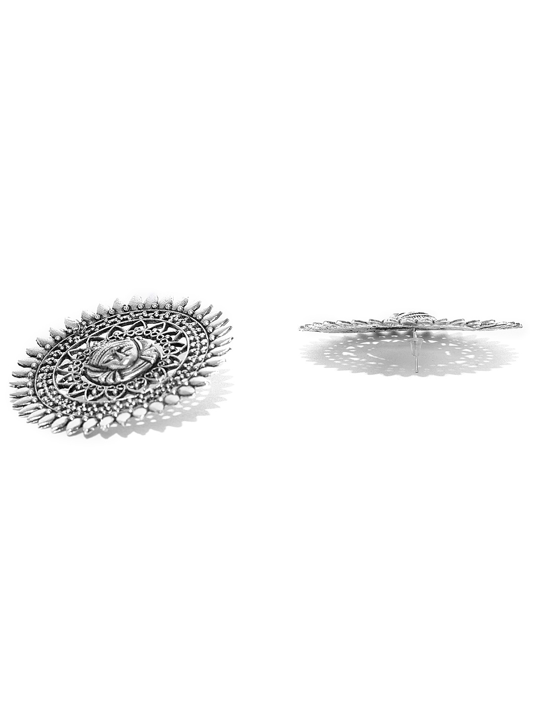 YouBella Oxidised Silver-Plated Textured Circular Oversized Studs