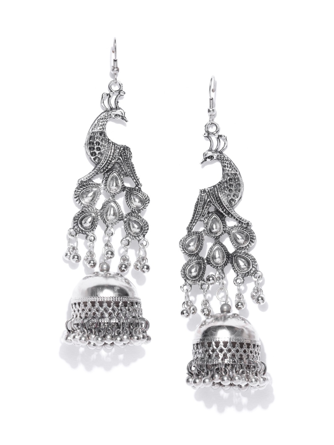 YouBella Oxidised Silver-Plated Textured Peacock Shaped Jhumkas