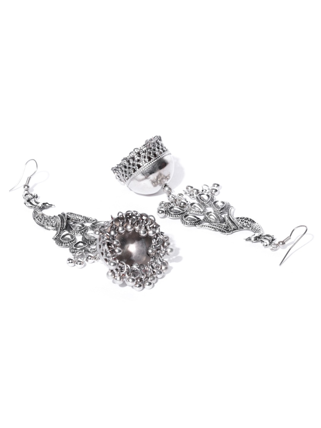 YouBella Oxidised Silver-Plated Textured Peacock Shaped Jhumkas
