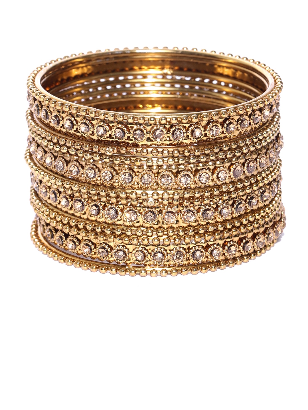 YouBella Set of 12 Antique Gold-Toned Textured Stone-Studded Bangles