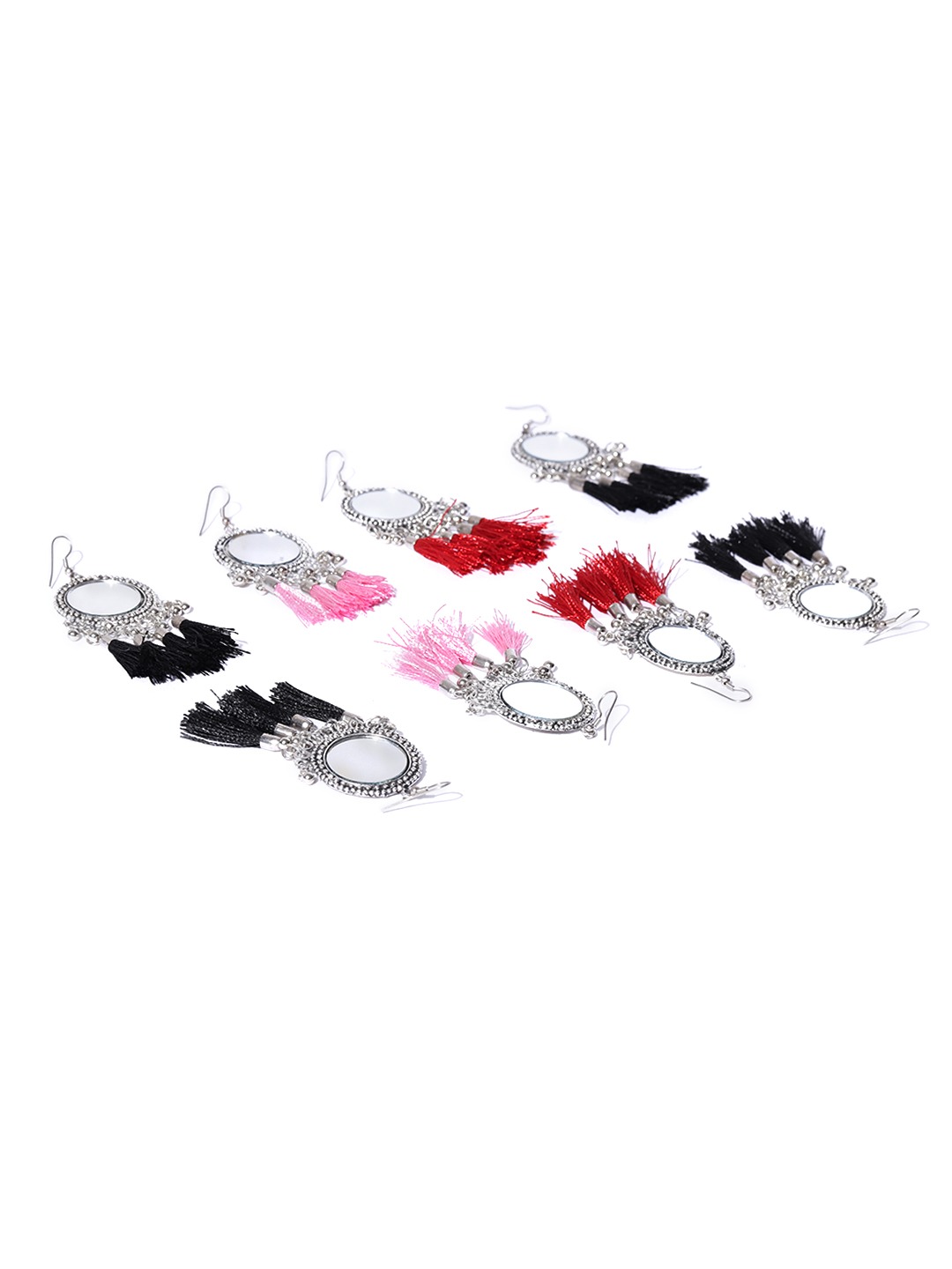 YouBella Set of 4 Oxidised Silver-Plated Mirrored Tasselled Circular Drop Earrings
