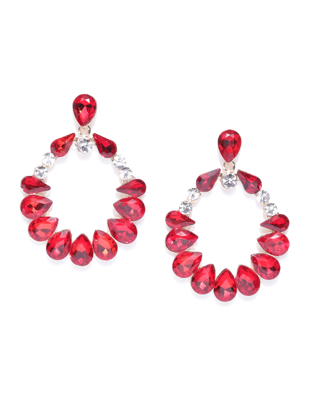 YouBella Red Gold-Plated Stone-Studded Oval Drop Earrings
