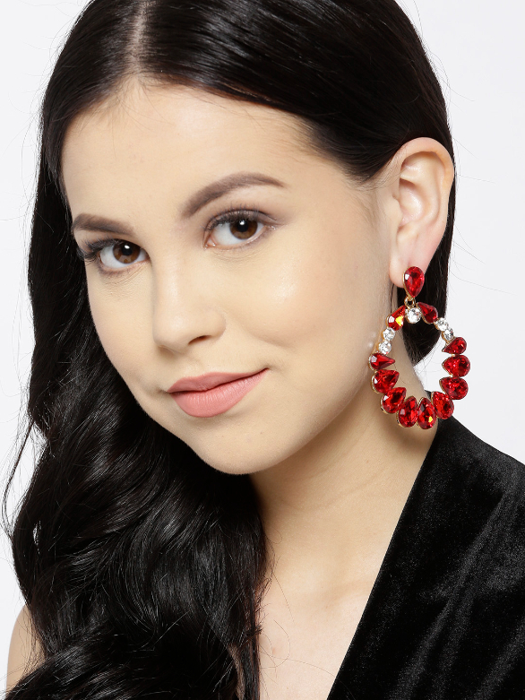 YouBella Red Gold-Plated Stone-Studded Oval Drop Earrings
