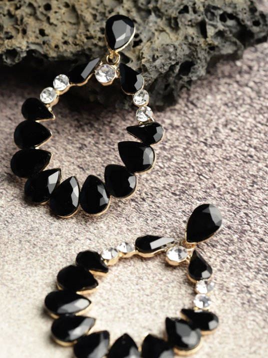 YouBella Black Gold-Plated Stone-Studded Oval Drop Earrings