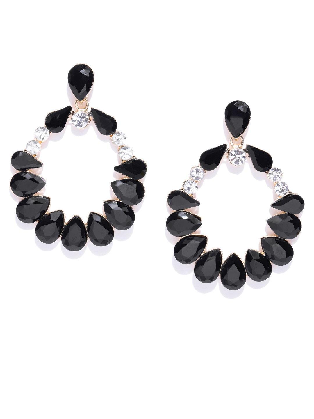 YouBella Black Gold-Plated Stone-Studded Oval Drop Earrings