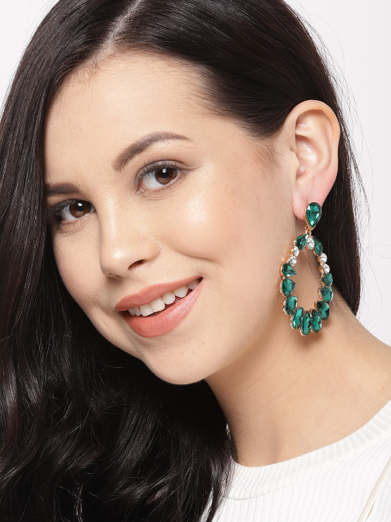 YouBella Green Gold-Plated Stone-Studded Oval Drop Earrings
