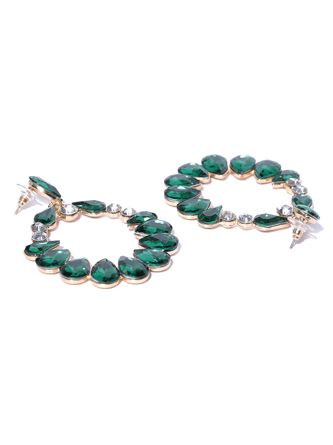 YouBella Green Gold-Plated Stone-Studded Oval Drop Earrings