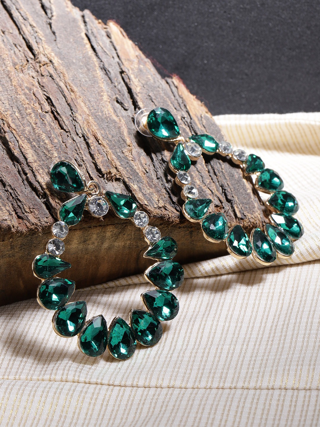 YouBella Green Gold-Plated Stone-Studded Oval Drop Earrings