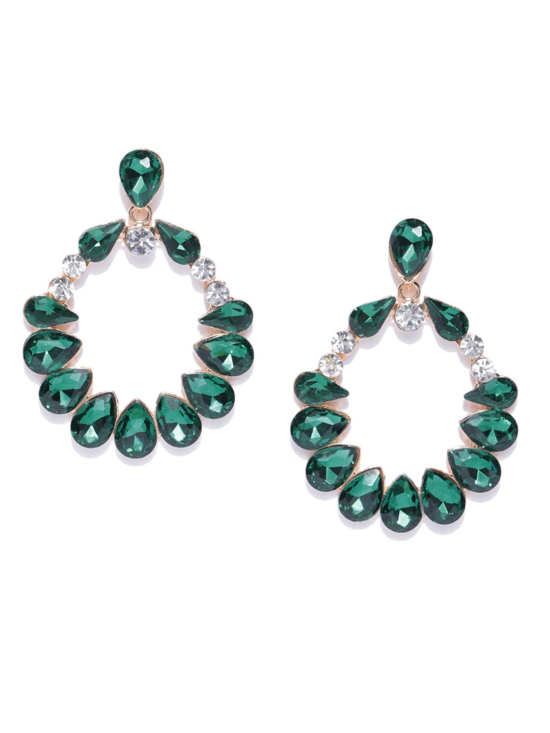 YouBella Green Gold-Plated Stone-Studded Oval Drop Earrings