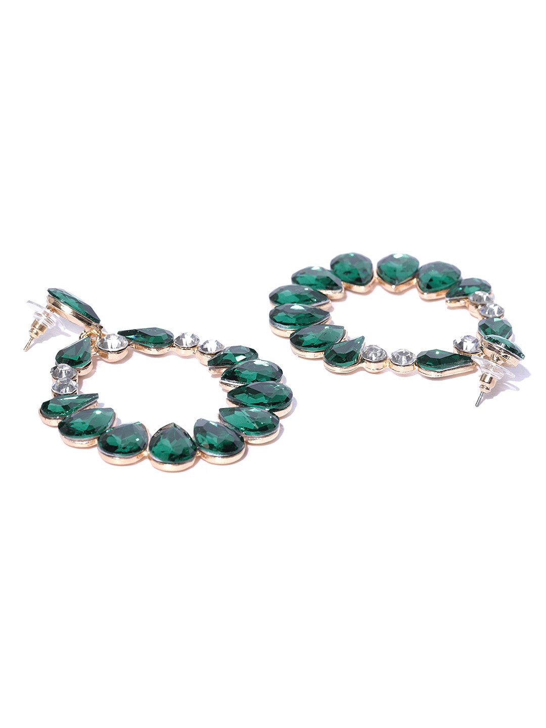 YouBella Green Gold-Plated Stone-Studded Oval Drop Earrings
