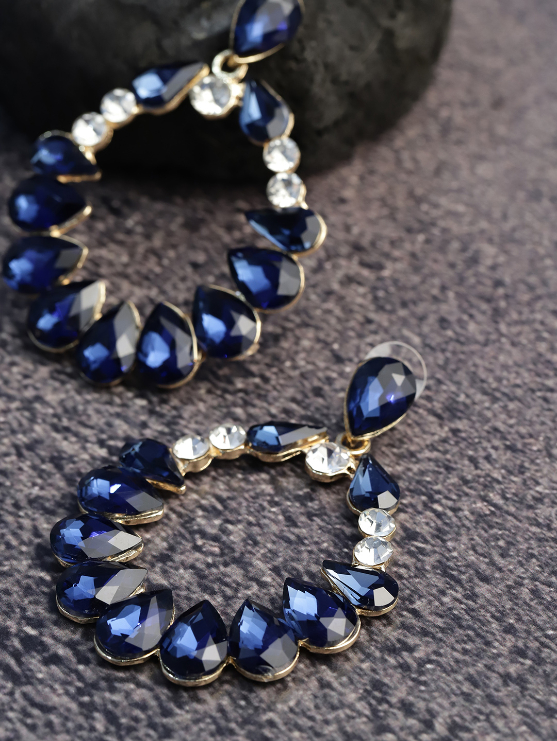 YouBella Navy Gold-Plated Stone-Studded Oval Drop Earrings