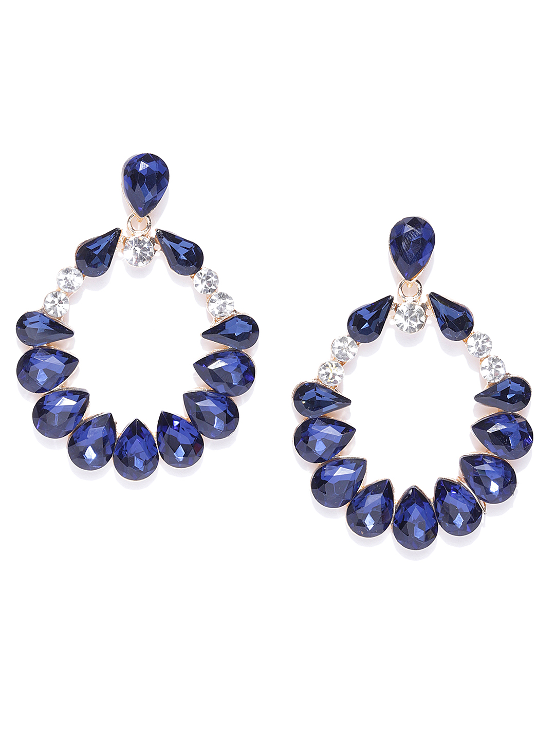 YouBella Navy Gold-Plated Stone-Studded Oval Drop Earrings