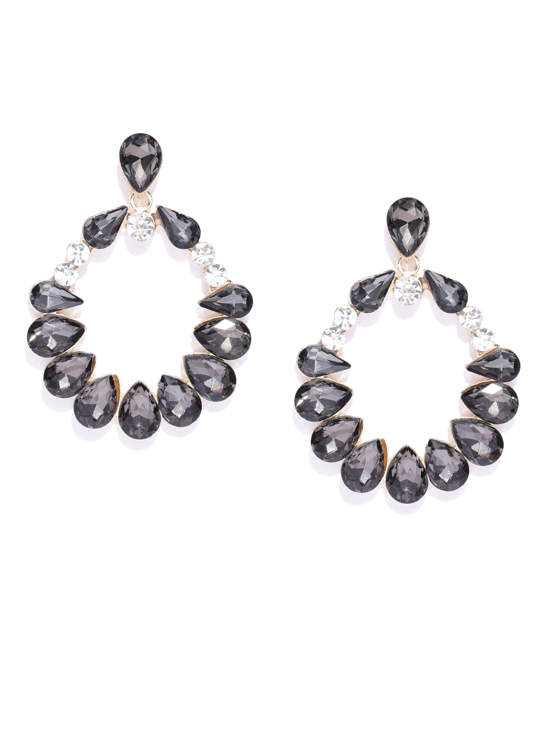YouBella Black Gold-Plated Stone-Studded Oval Drop Earrings
