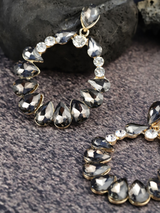 YouBella Black Gold-Plated Stone-Studded Oval Drop Earrings