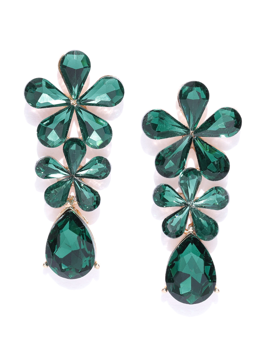 YouBella Green Gold-Plated Stone-Studded Floral Drop Earrings