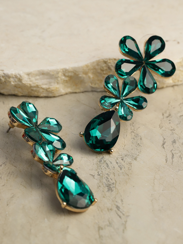 YouBella Green Gold-Plated Stone-Studded Floral Drop Earrings