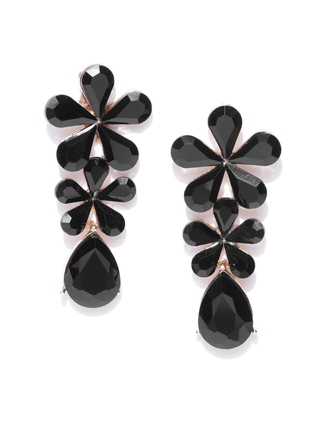 YouBella Black Gold-Plated Stone-Studded Floral Drop Earrings