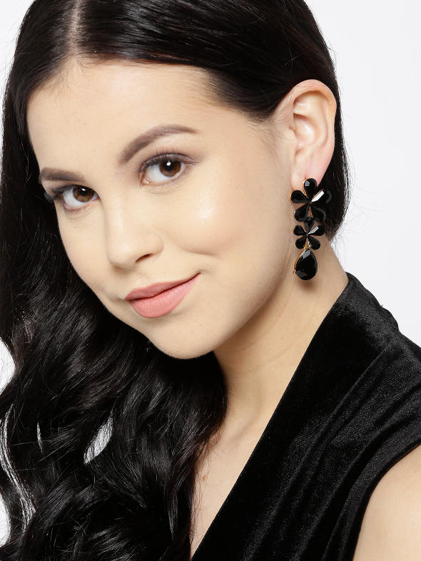 YouBella Black Gold-Plated Stone-Studded Floral Drop Earrings