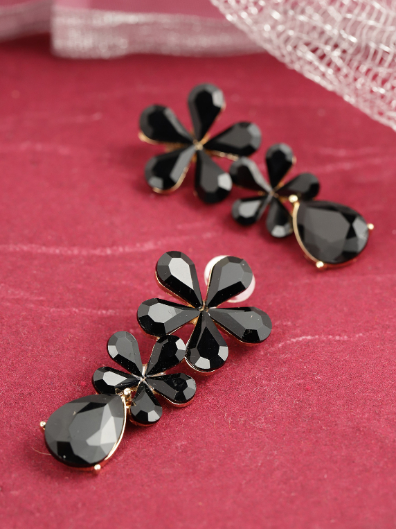 YouBella Black Gold-Plated Stone-Studded Floral Drop Earrings