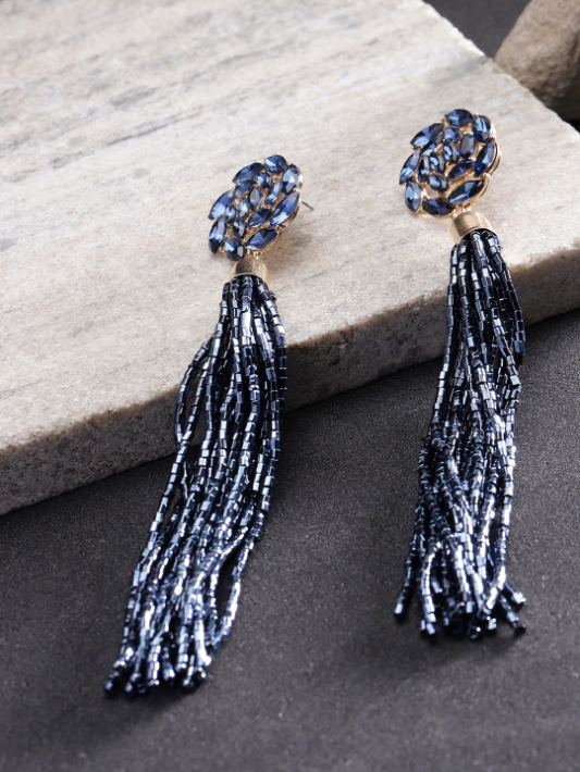 YouBella Navy Gold-Plated Stone-Studded Floral-Shaped Tasselled Drop Earrings