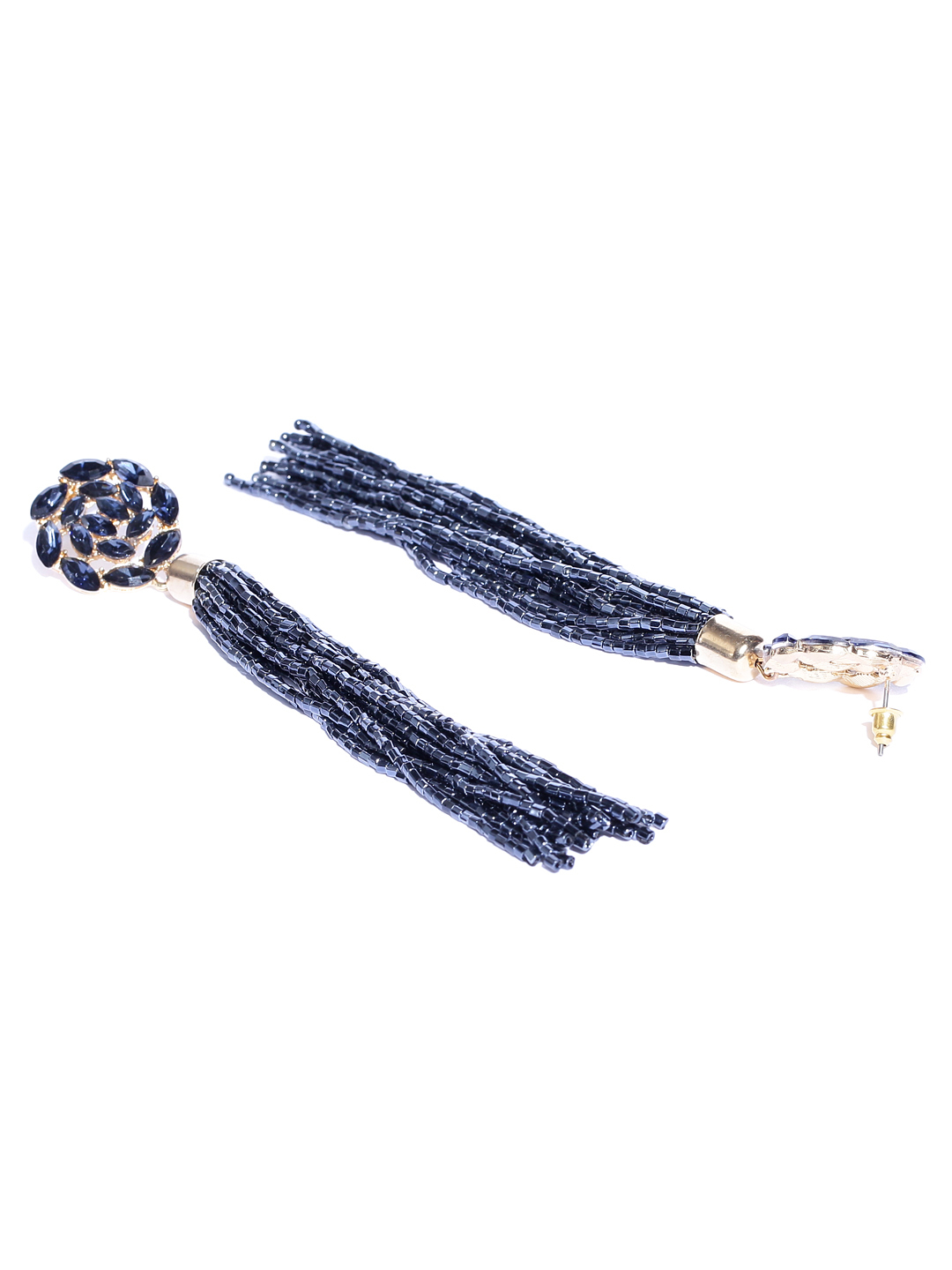 YouBella Navy Gold-Plated Stone-Studded Floral-Shaped Tasselled Drop Earrings