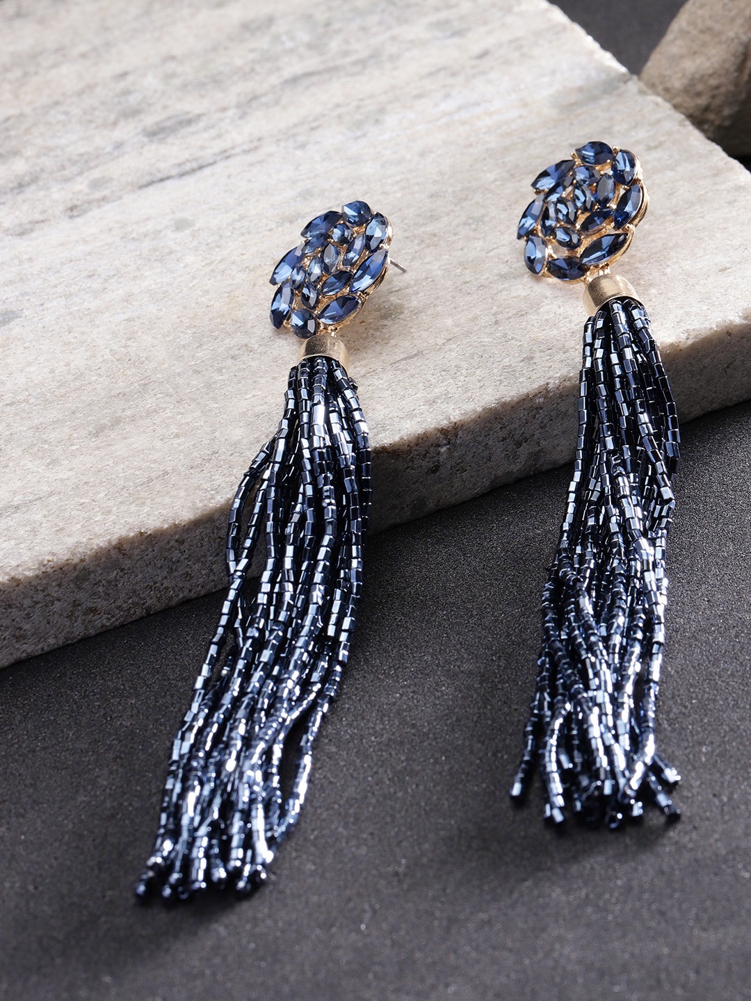 YouBella Navy Gold-Plated Stone-Studded Floral-Shaped Tasselled Drop Earrings