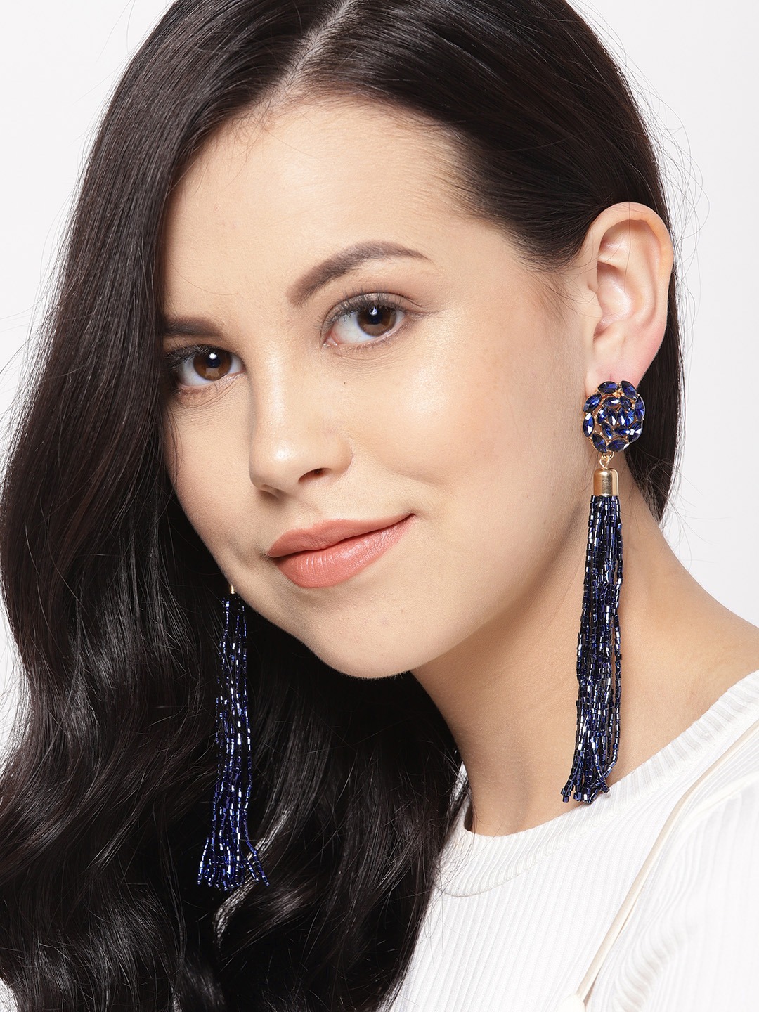 YouBella Navy Gold-Plated Stone-Studded Floral-Shaped Tasselled Drop Earrings