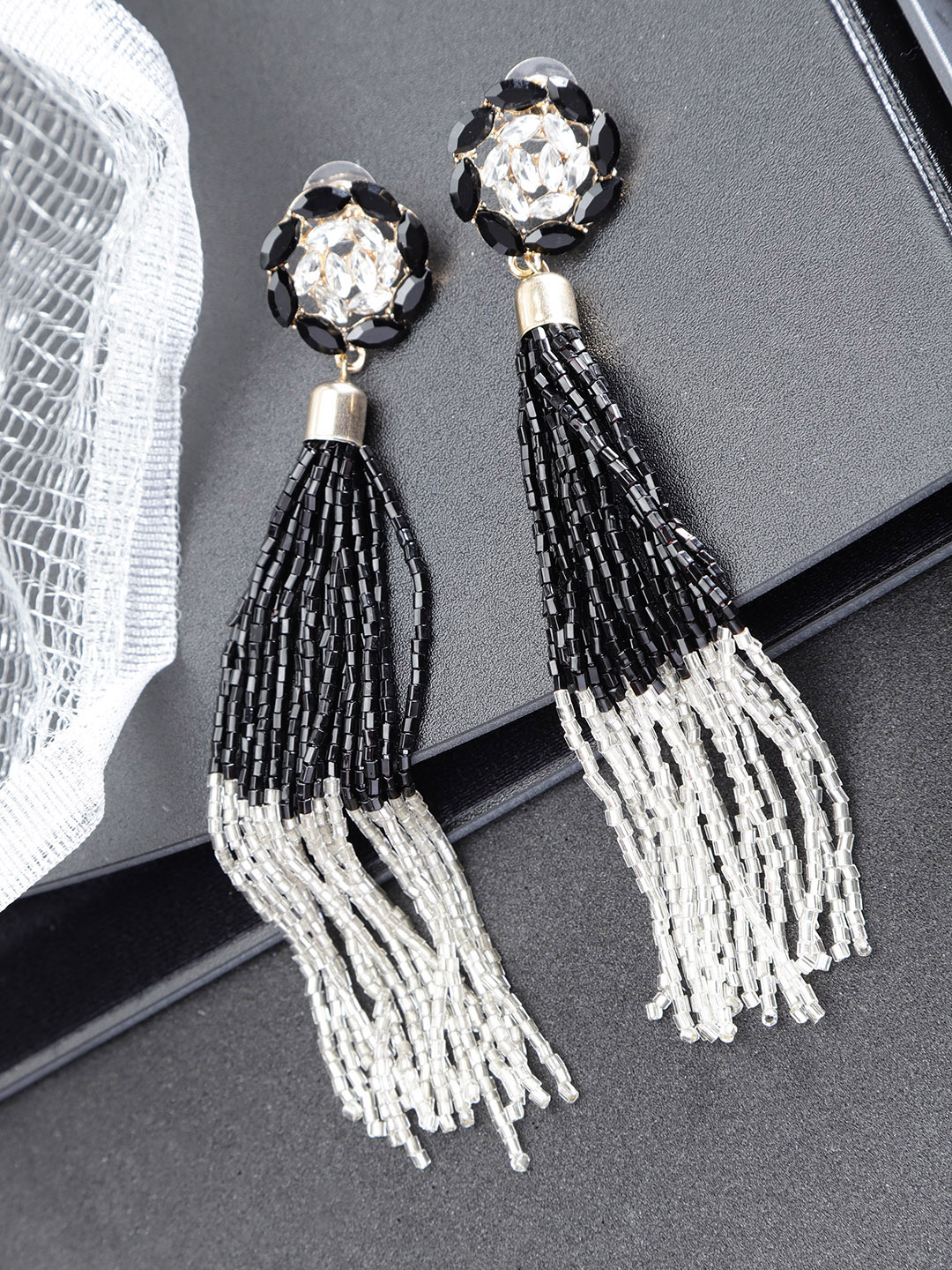 YouBella Black  Off-White Gold-Plated Stone-Studded  Beaded Tasselled Drop Earrings