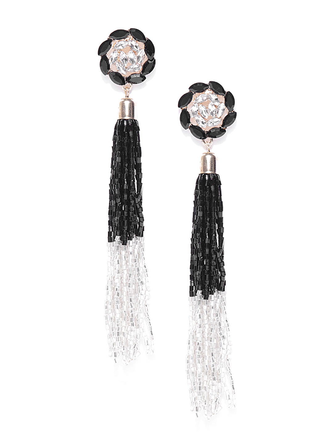 YouBella Black  Off-White Gold-Plated Stone-Studded  Beaded Tasselled Drop Earrings