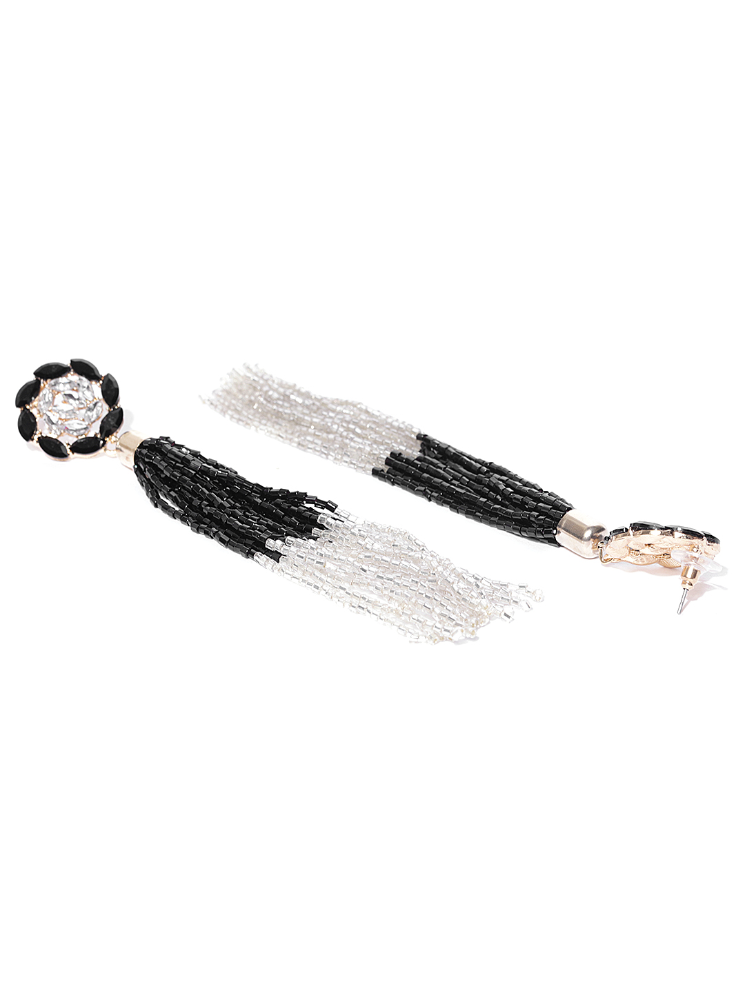 YouBella Black  Off-White Gold-Plated Stone-Studded  Beaded Tasselled Drop Earrings