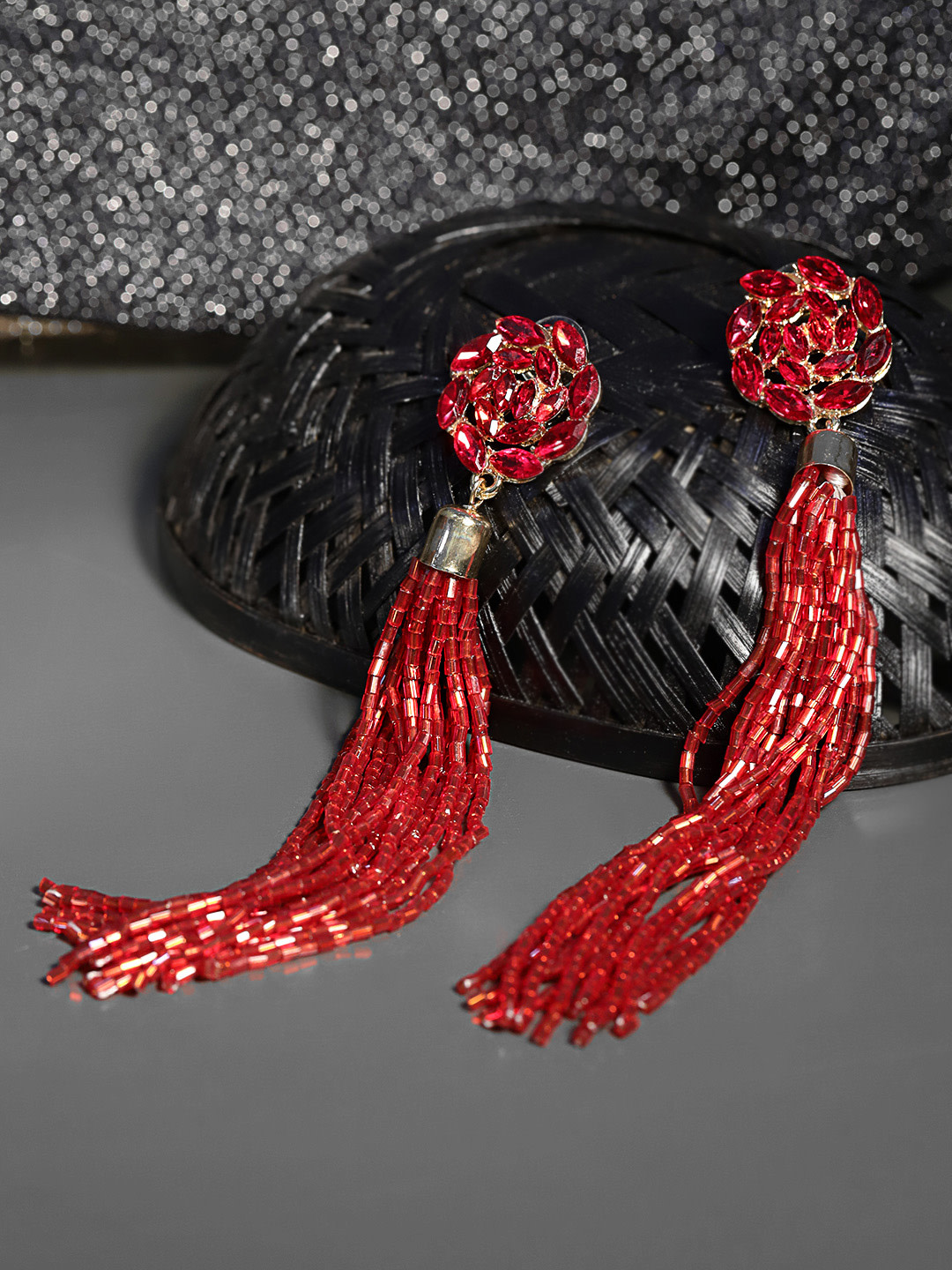 YouBella Red Gold-Plated Tasselled Contemporary Drop Earrings