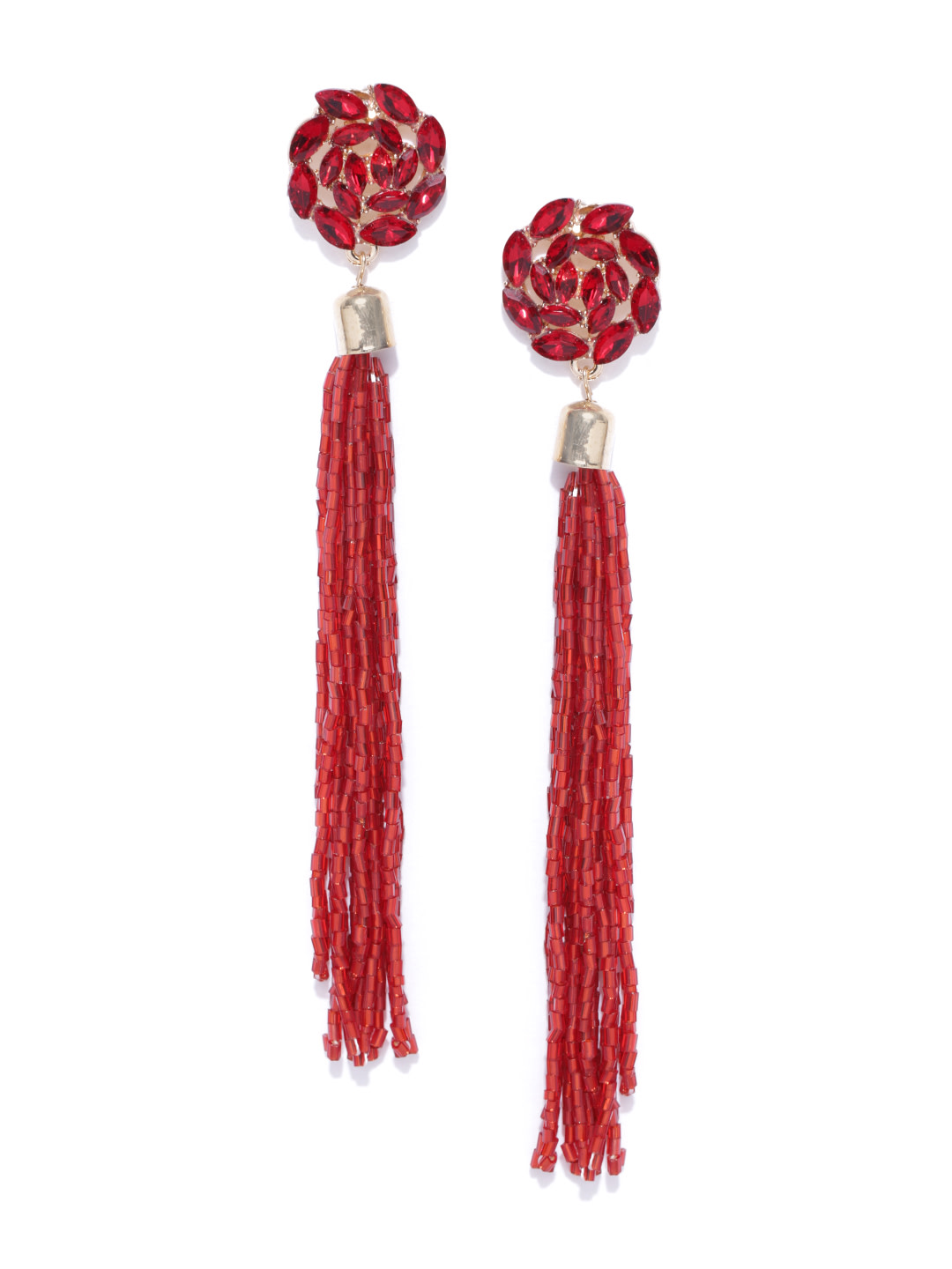 YouBella Red Gold-Plated Tasselled Contemporary Drop Earrings