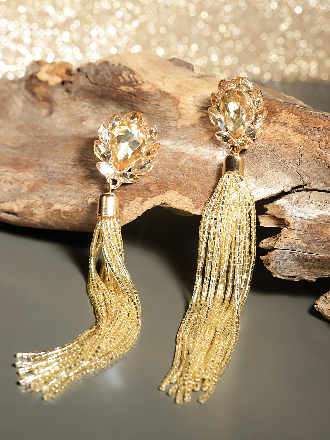 YouBella Gold-Plated Stone-Studded Tasselled Contemporary Drop Earrings