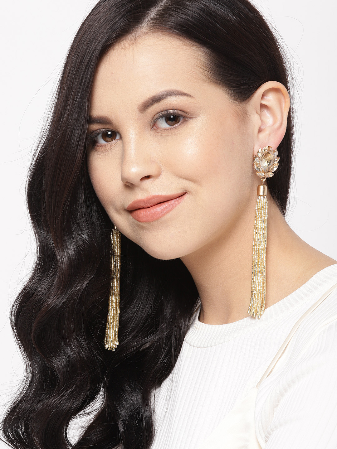 YouBella Gold-Plated Stone-Studded Tasselled Contemporary Drop Earrings